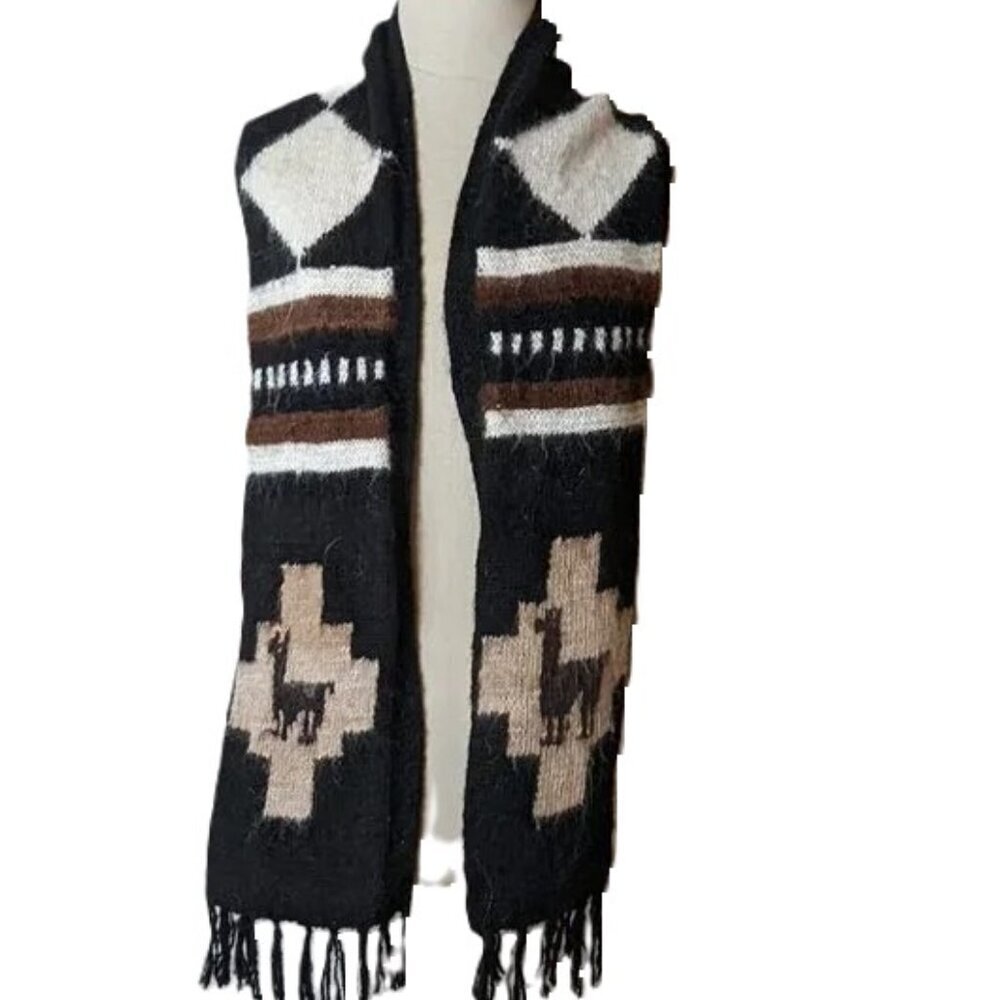 Alpaca‎ Scarf Knit Wool Vintage Fringe Brown Black White Handmade Boho